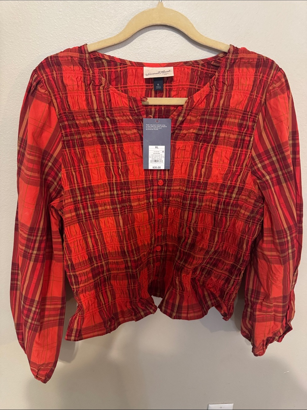Universal Thread Red Plaid Smocked Button-Front Blouse